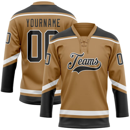 Custom Old Gold Black-White Hockey Lace Neck Jersey - Sky-Custom