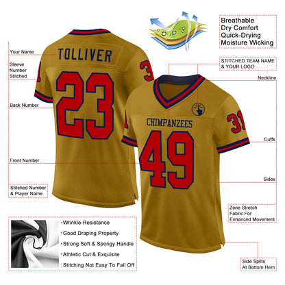 Custom Old Gold Red-Navy Mesh Authentic Throwback Football Jersey - Sky-Custom
