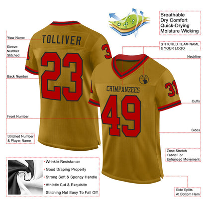 Custom Old Gold Red-Black Mesh Authentic Throwback Football Jersey - Sky-Custom