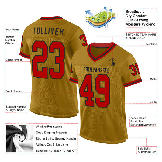 Custom Old Gold Red-Black Mesh Authentic Throwback Football Jersey - Sky-Custom