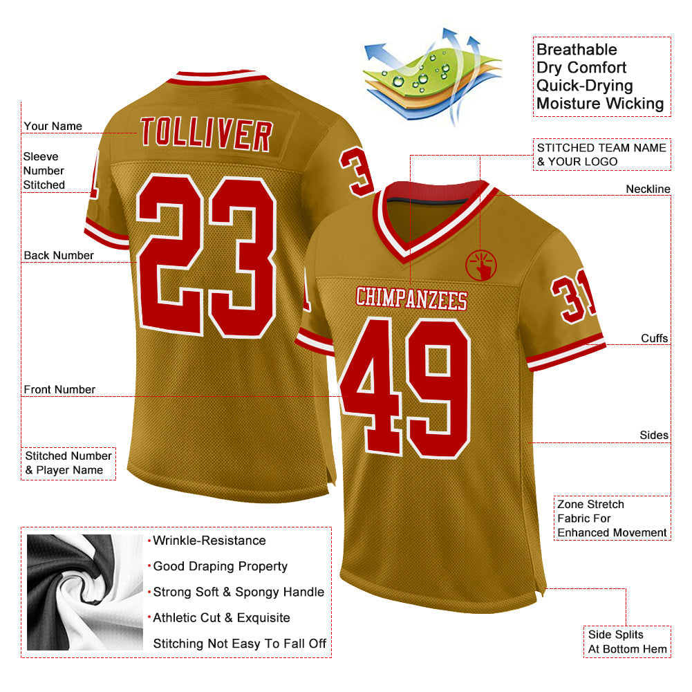 Custom Old Gold Red-White Mesh Authentic Throwback Football Jersey - Sky-Custom