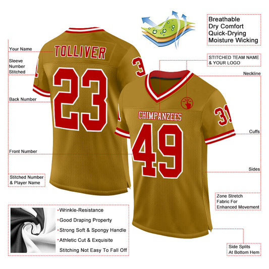 Custom Old Gold Red-White Mesh Authentic Throwback Football Jersey - Sky-Custom