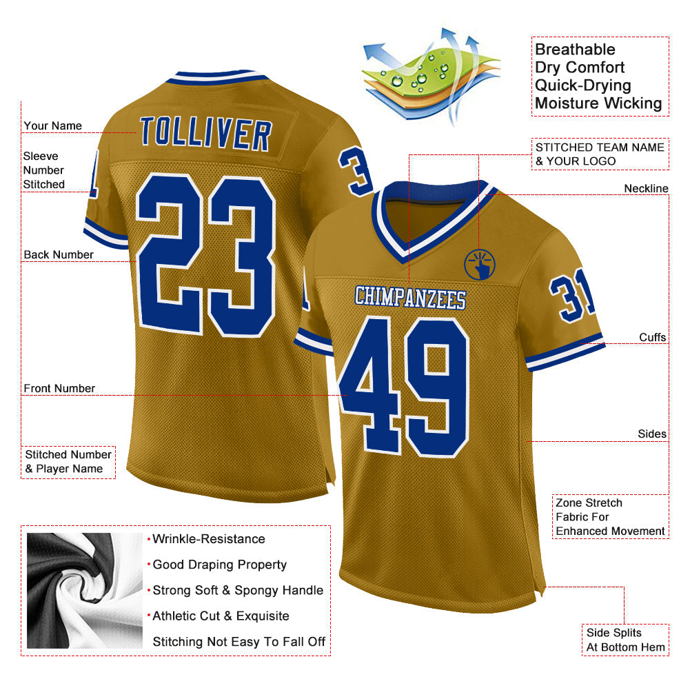 Custom Old Gold Royal-White Mesh Authentic Throwback Football Jersey - Sky-Custom