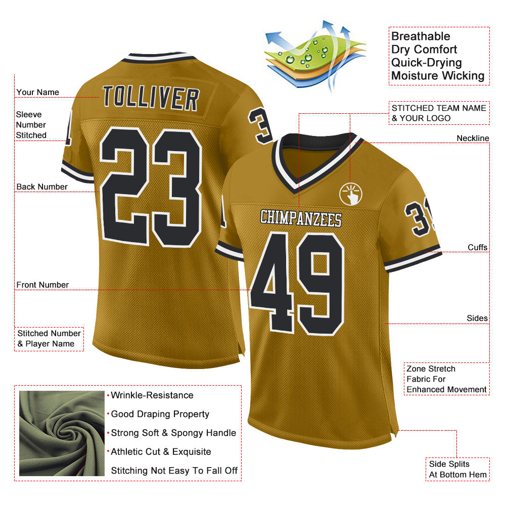 Custom Old Gold Black-White Mesh Authentic Throwback Football Jersey - Sky-Custom
