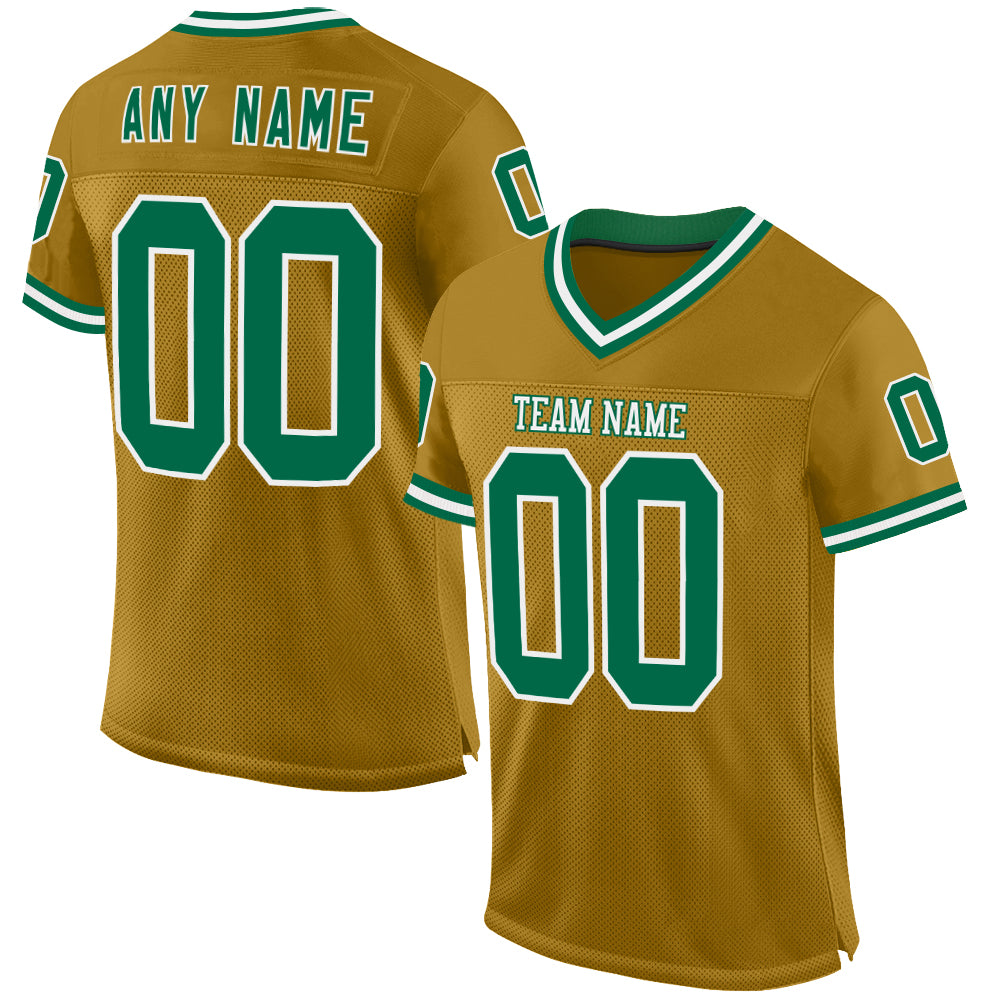 Custom Old Gold Kelly Green-White Mesh Authentic Throwback Football Jersey - Sky-Custom