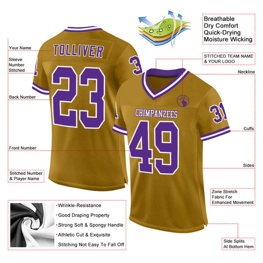 Custom Old Gold Purple-White Mesh Authentic Throwback Football Jersey - Sky-Custom
