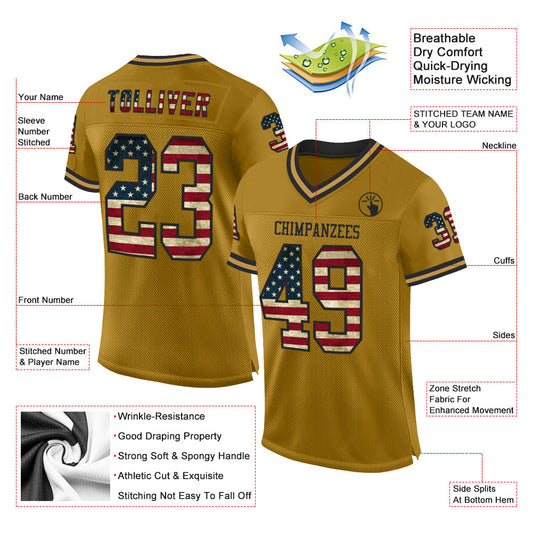 Custom Old Gold Vintage USA Flag-Black Mesh Authentic Throwback Football Jersey - Sky-Custom