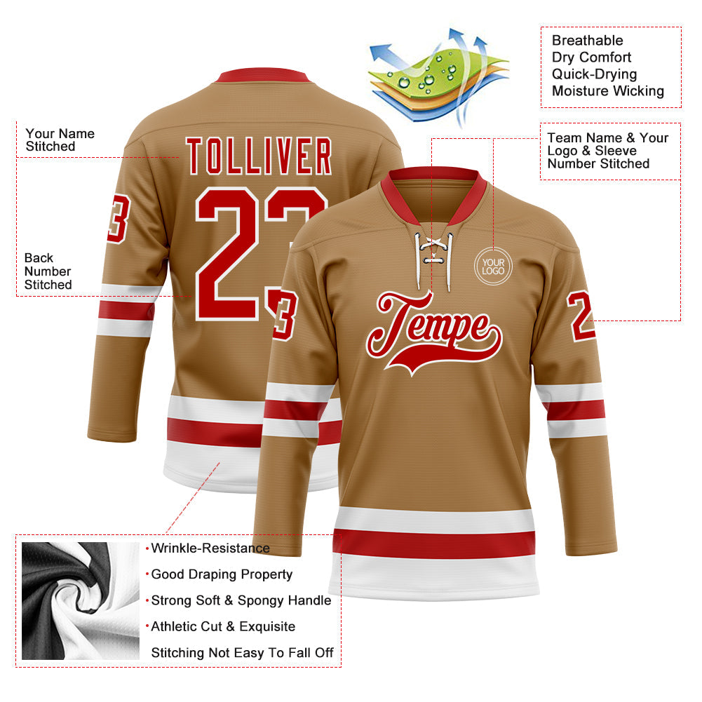 Custom Old Gold Red-White Hockey Lace Neck Jersey - Sky-Custom