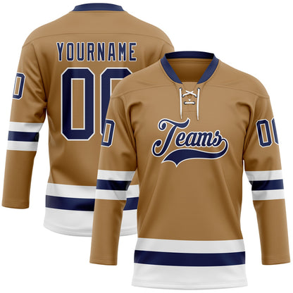 Custom Old Gold Navy-White Hockey Lace Neck Jersey - Sky-Custom