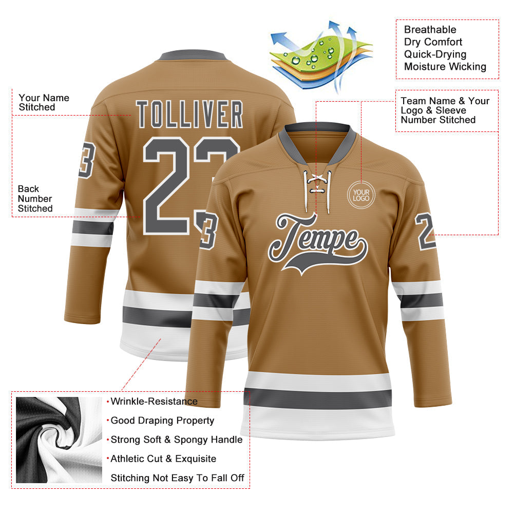 Custom Old Gold Steel Gray-White Hockey Lace Neck Jersey - Sky-Custom