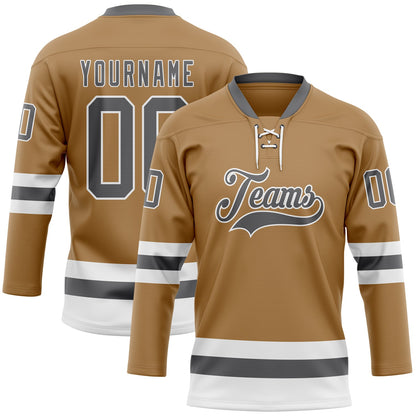 Custom Old Gold Steel Gray-White Hockey Lace Neck Jersey - Sky-Custom