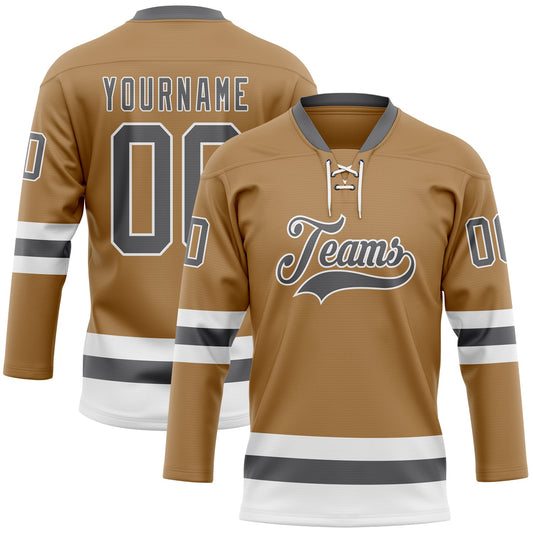 Custom Old Gold Steel Gray-White Hockey Lace Neck Jersey - Sky-Custom