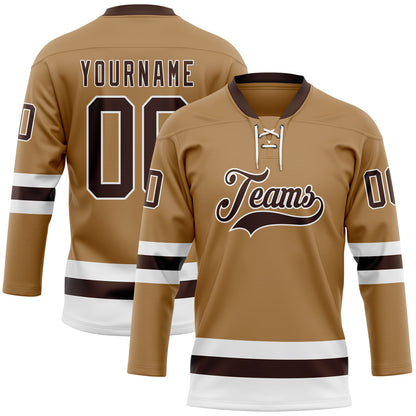 Custom Old Gold Brown-White Hockey Lace Neck Jersey - Sky-Custom