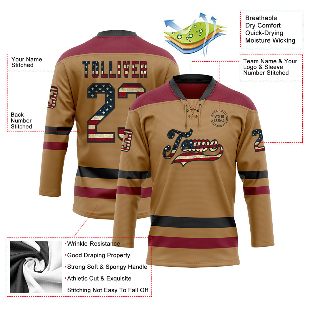 Custom Old Gold Vintage USA Flag Black-Crimson Hockey Lace Neck Jersey - Sky-Custom