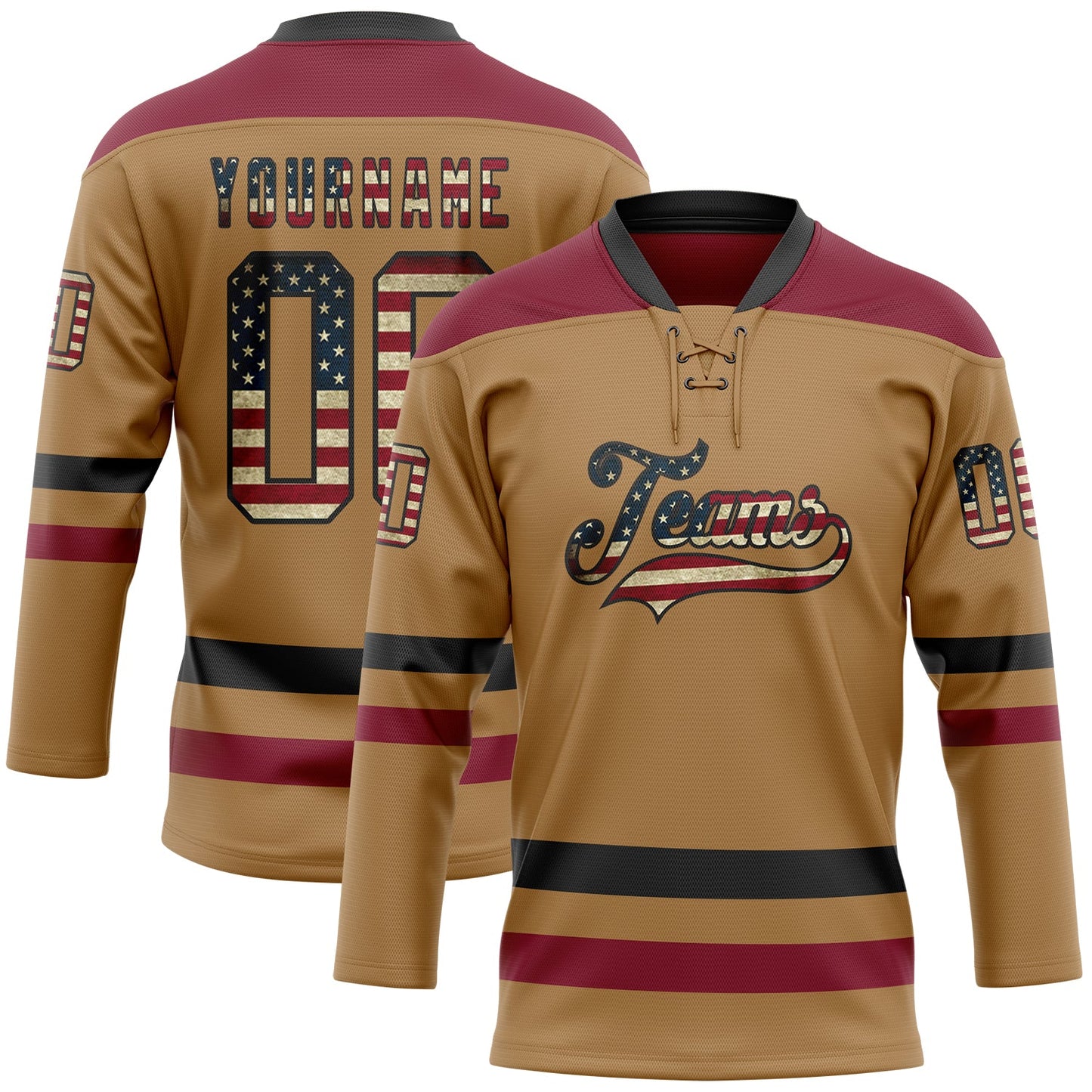 Custom Old Gold Vintage USA Flag Black-Crimson Hockey Lace Neck Jersey - Sky-Custom