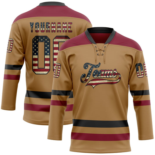Custom Old Gold Vintage USA Flag Black-Crimson Hockey Lace Neck Jersey - Sky-Custom