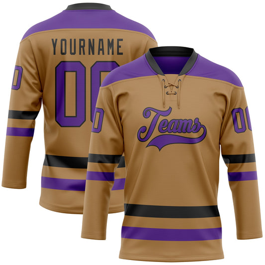 Custom Old Gold Purple-Black Hockey Lace Neck Jersey - Sky-Custom