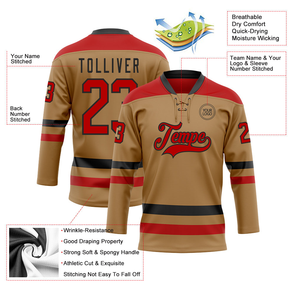Custom Old Gold Red-Black Hockey Lace Neck Jersey - Sky-Custom