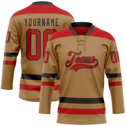 Custom Old Gold Red-Black Hockey Lace Neck Jersey - Sky-Custom