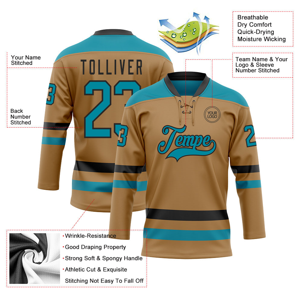 Custom Old Gold Teal-Black Hockey Lace Neck Jersey - Sky-Custom