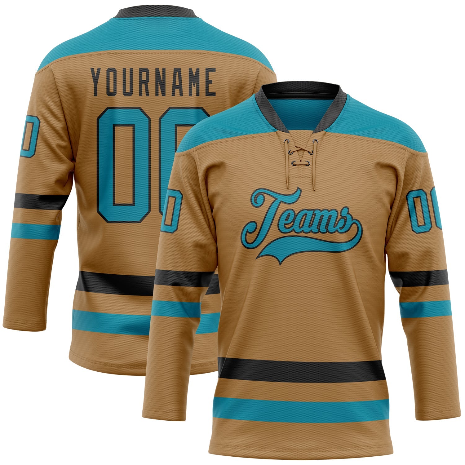 Custom Old Gold Teal-Black Hockey Lace Neck Jersey - Sky-Custom