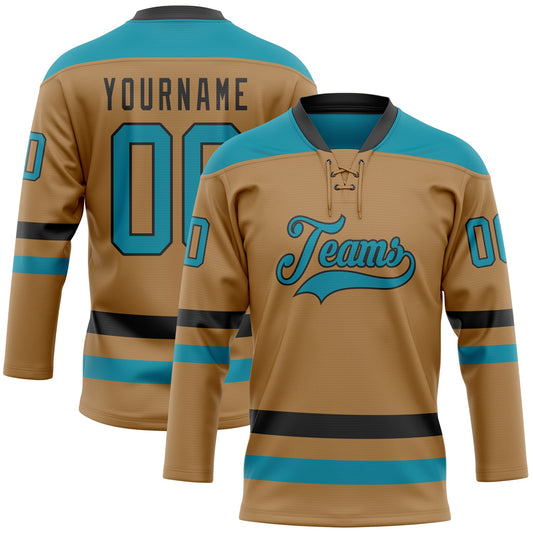 Custom Old Gold Teal-Black Hockey Lace Neck Jersey - Sky-Custom