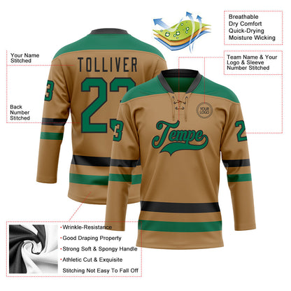 Custom Old Gold Kelly Green-Black Hockey Lace Neck Jersey - Sky-Custom