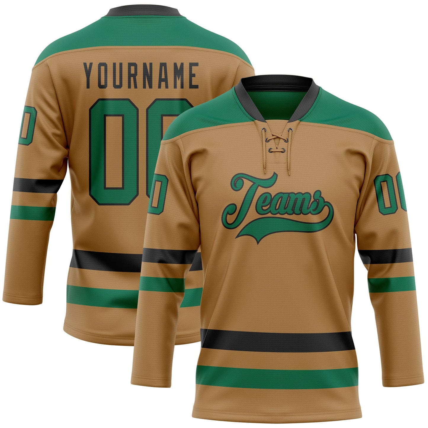 Custom Old Gold Kelly Green-Black Hockey Lace Neck Jersey - Sky-Custom