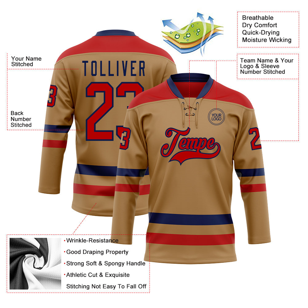 Custom Old Gold Red-Navy Hockey Lace Neck Jersey - Sky-Custom