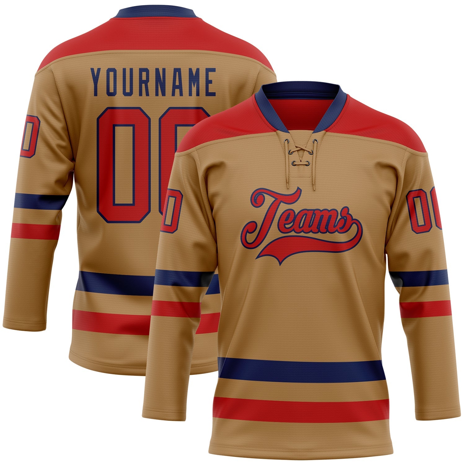 Custom Old Gold Red-Navy Hockey Lace Neck Jersey - Sky-Custom
