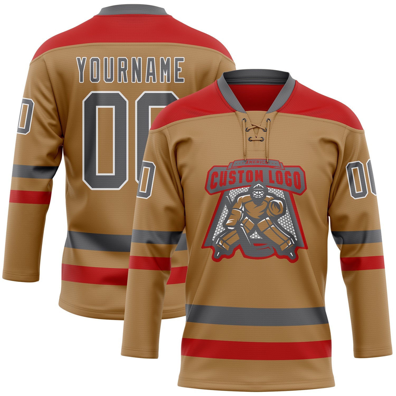 Custom Old Gold Steel Gray-Red Hockey Lace Neck Jersey - Sky-Custom