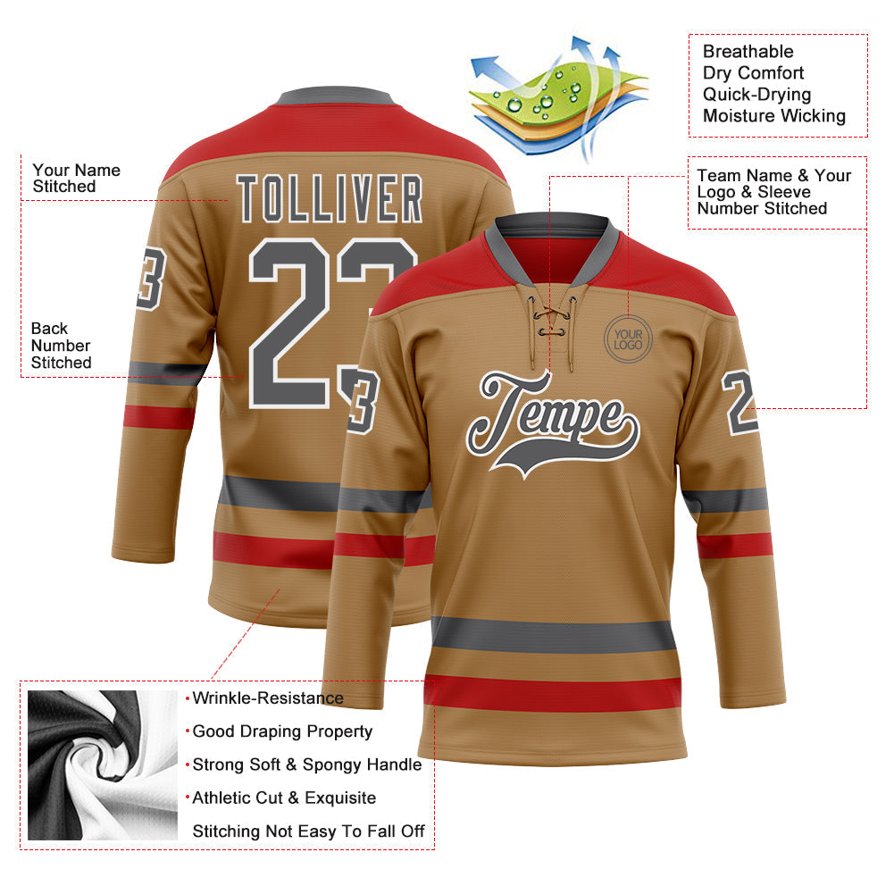 Custom Old Gold Steel Gray-Red Hockey Lace Neck Jersey - Sky-Custom