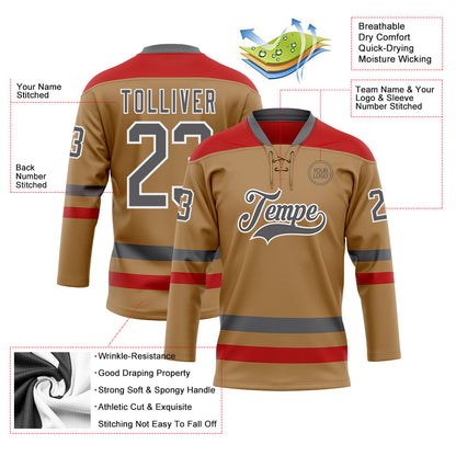 Custom Old Gold Steel Gray-Red Hockey Lace Neck Jersey - Sky-Custom