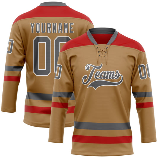 Custom Old Gold Steel Gray-Red Hockey Lace Neck Jersey - Sky-Custom