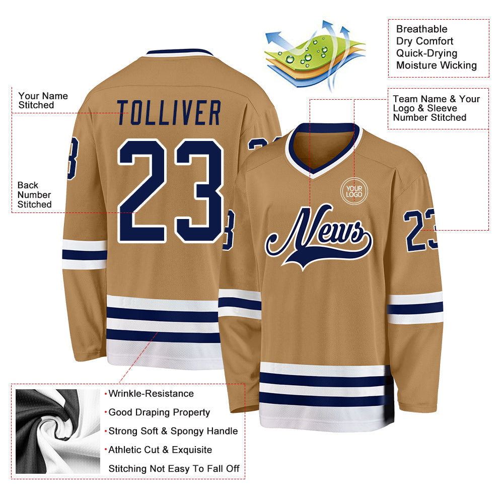 Custom Old Gold Navy-White Hockey Jersey - Sky-Custom