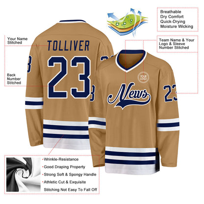 Custom Old Gold Navy-White Hockey Jersey - Sky-Custom