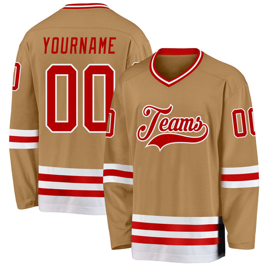 Custom Old Gold Red-White Hockey Jersey - Sky-Custom