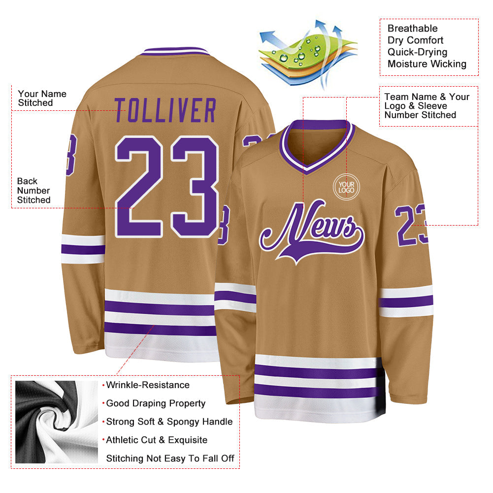 Custom Old Gold Purple-White Hockey Jersey - Sky-Custom