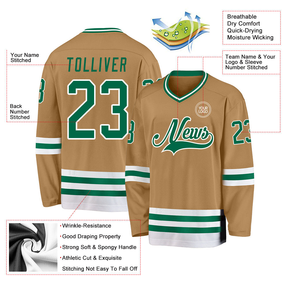 Custom Old Gold Kelly Green-White Hockey Jersey - Sky-Custom