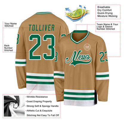 Custom Old Gold Kelly Green-White Hockey Jersey - Sky-Custom
