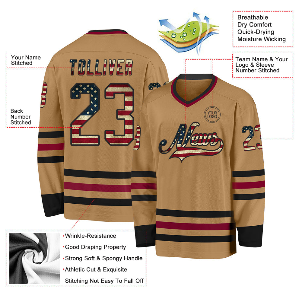 Custom Old Gold Vintage USA Flag Black-Maroon Hockey Jersey - Sky-Custom