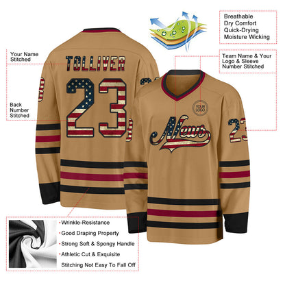 Custom Old Gold Vintage USA Flag Black-Maroon Hockey Jersey - Sky-Custom