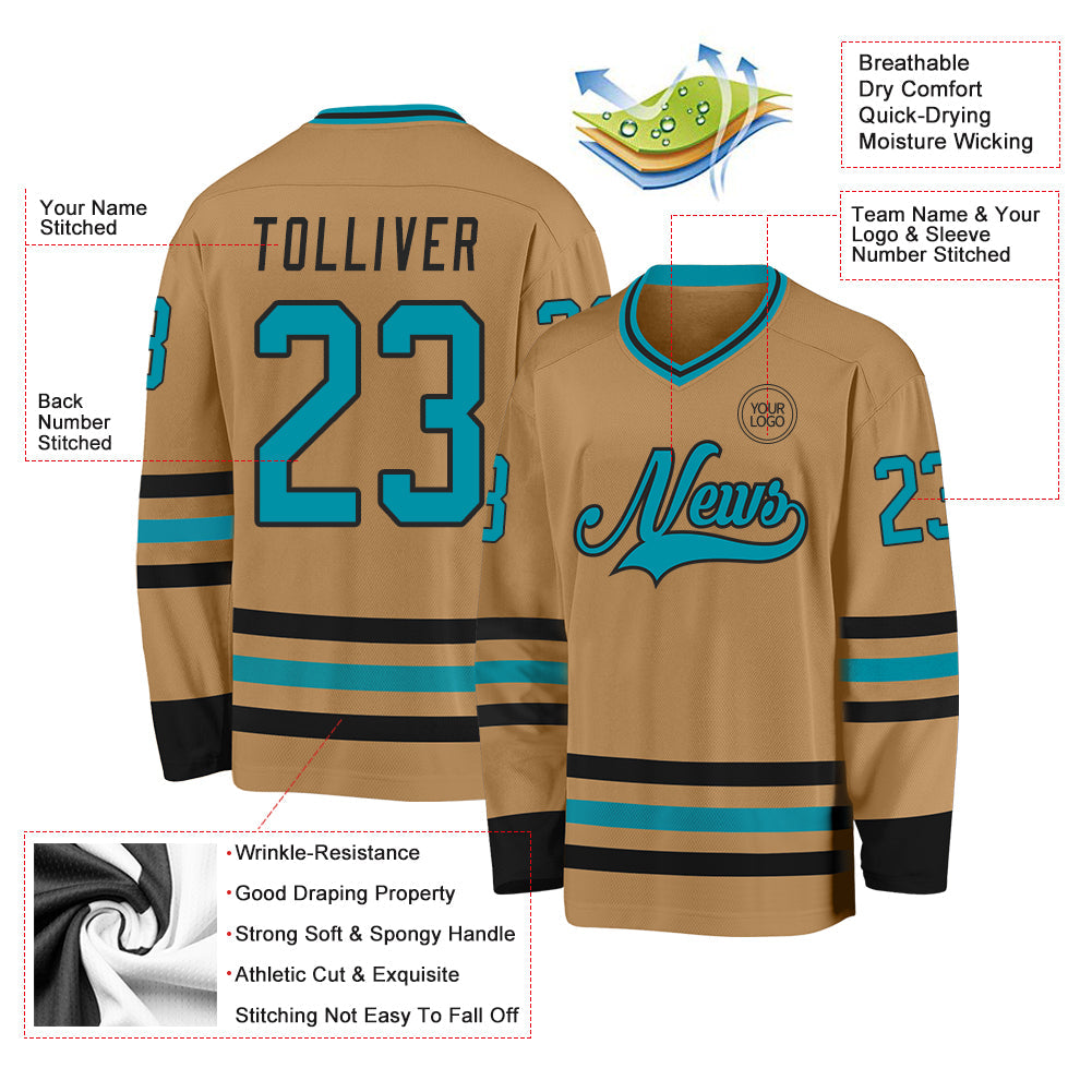 Custom Old Gold Teal-Black Hockey Jersey - Sky-Custom