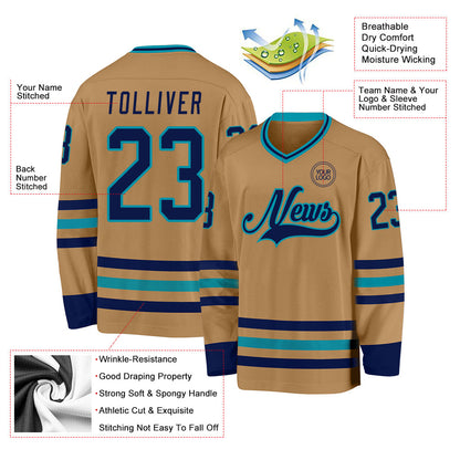 Custom Old Gold Navy-Teal Hockey Jersey - Sky-Custom
