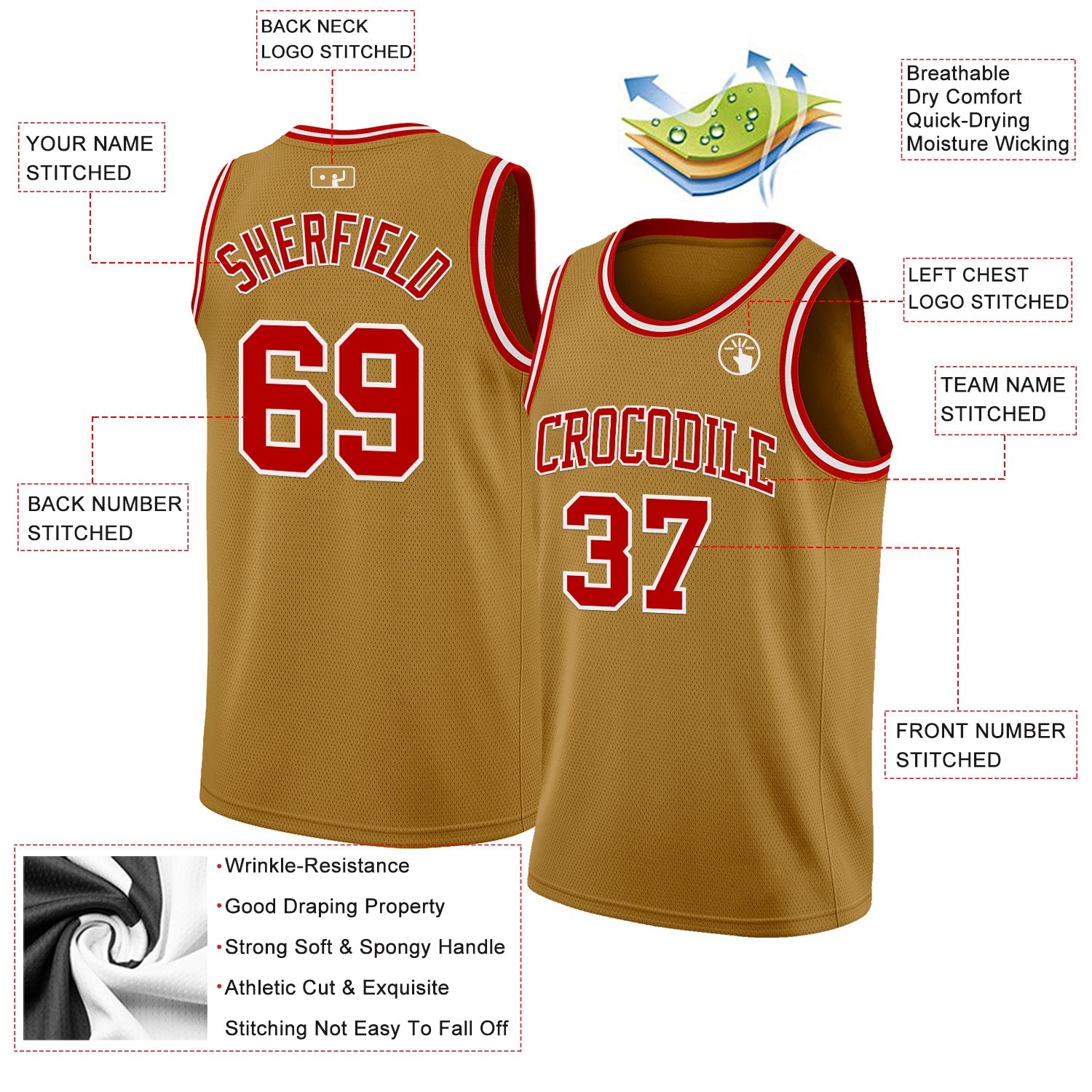 Custom Old Gold Red-White Authentic Basketball Jersey - Sky-Custom