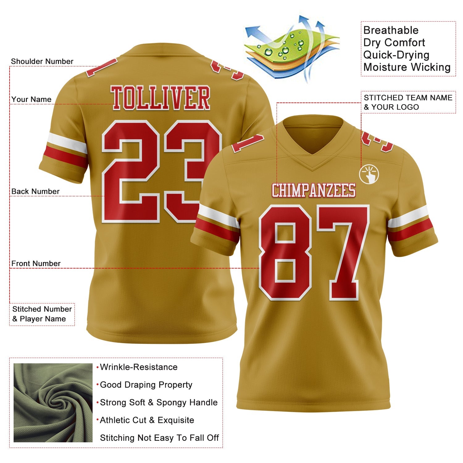 Custom Old Gold Red-White Mesh Authentic Football Jersey - Sky-Custom