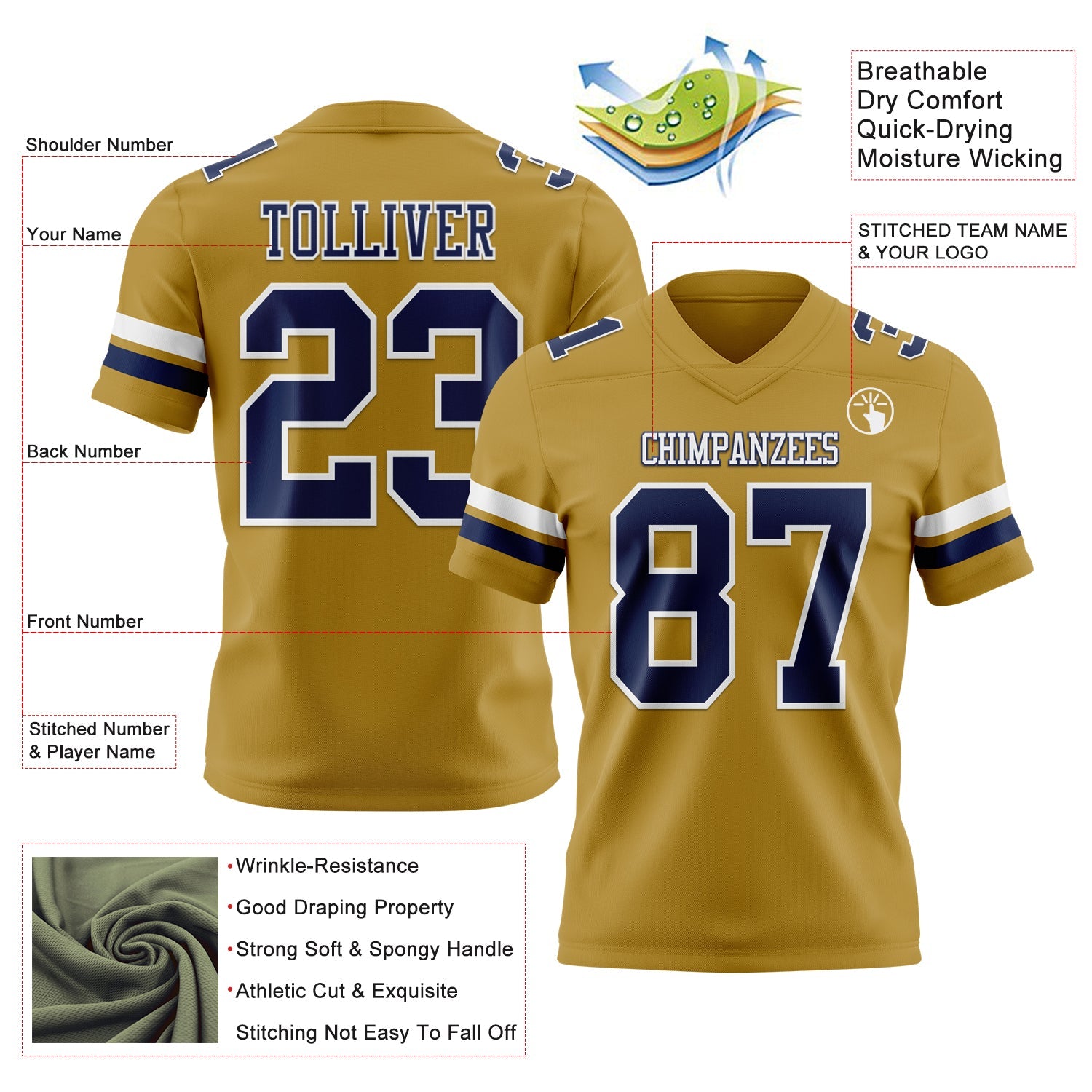 Custom Old Gold Navy-White Mesh Authentic Football Jersey - Sky-Custom