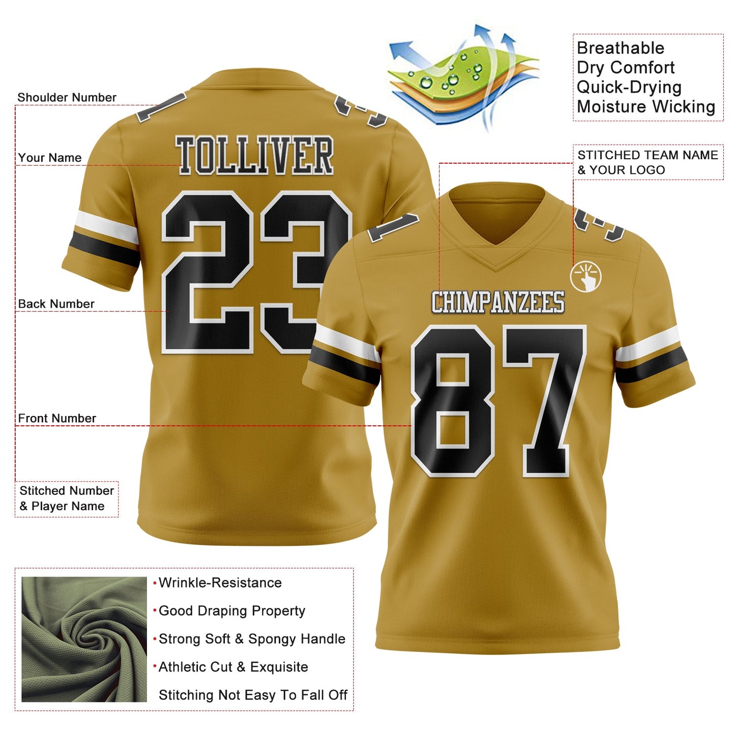 Custom Old Gold Black-White Mesh Authentic Football Jersey - Sky-Custom