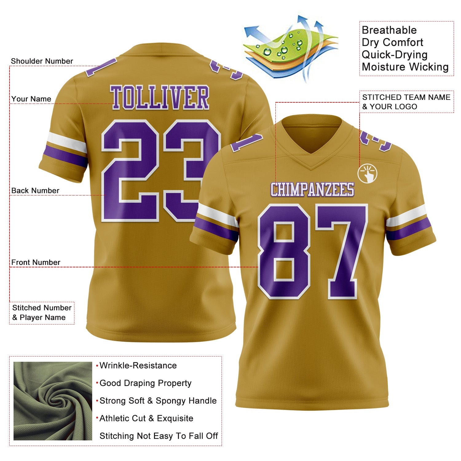 Custom Old Gold Purple-White Mesh Authentic Football Jersey - Sky-Custom