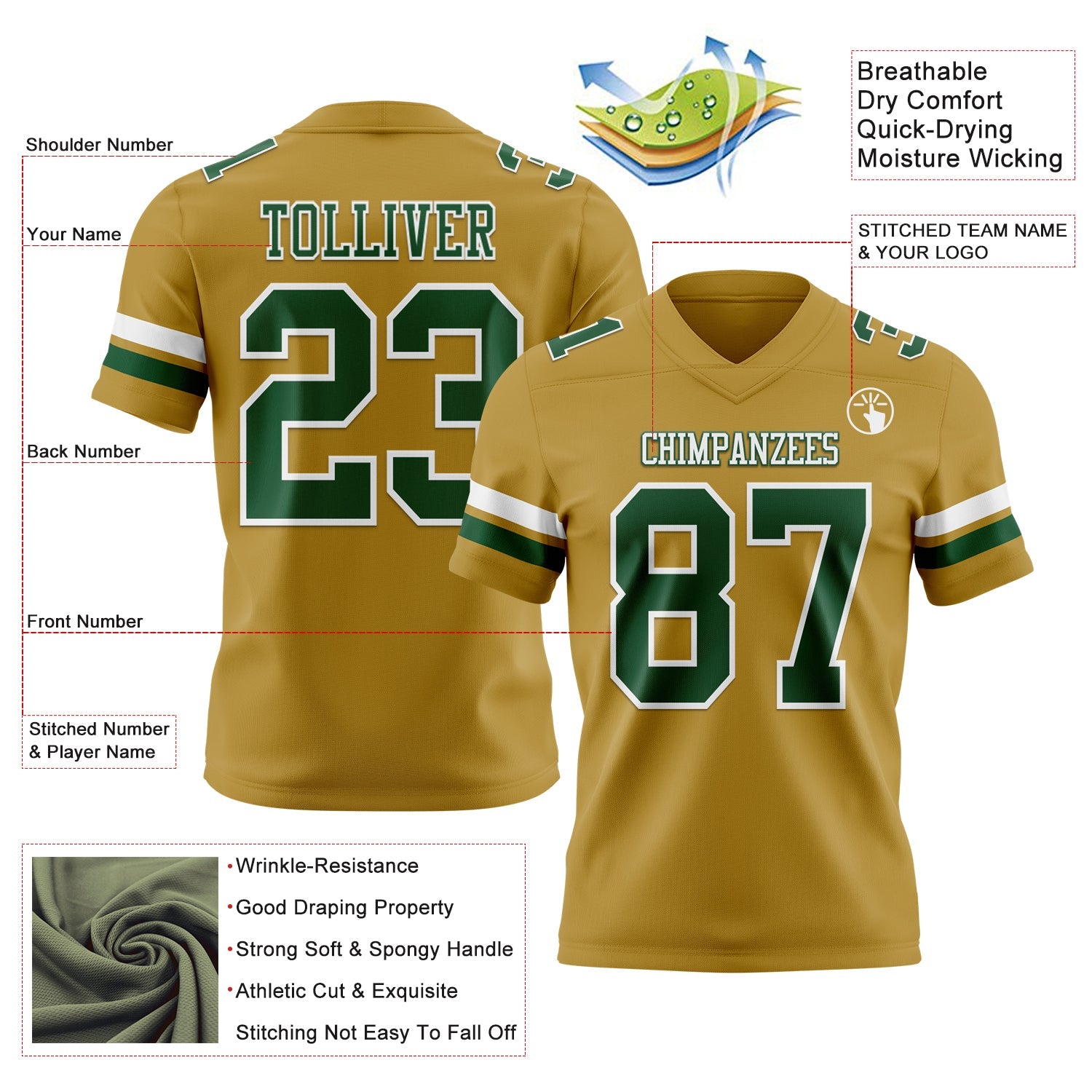 Custom Old Gold Green-White Mesh Authentic Football Jersey - Sky-Custom